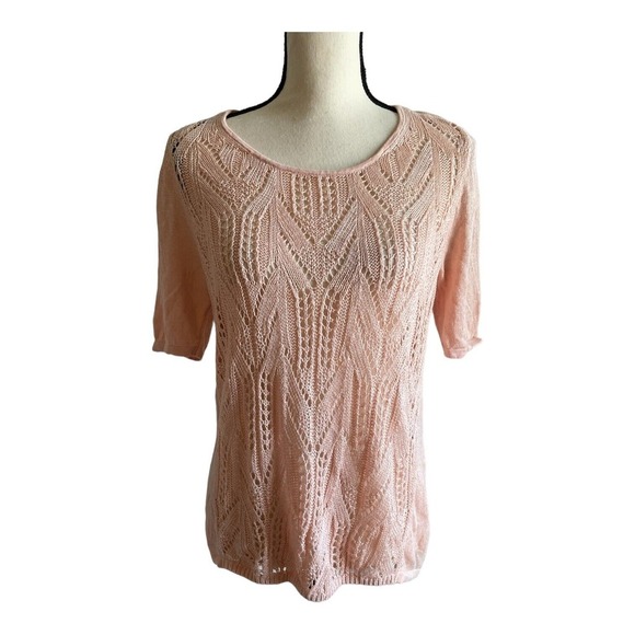 Chico's Knit Top Women's Size Medium Linen Blend Short Sleeves Open‎ Knit - Picture 1 of 5